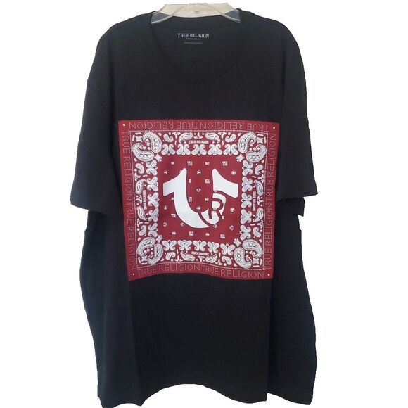 True Religion Paisley Twill Applique Logo Tee Black Mens Size 2XL  XXL Bandana - Picture 1 of 14
